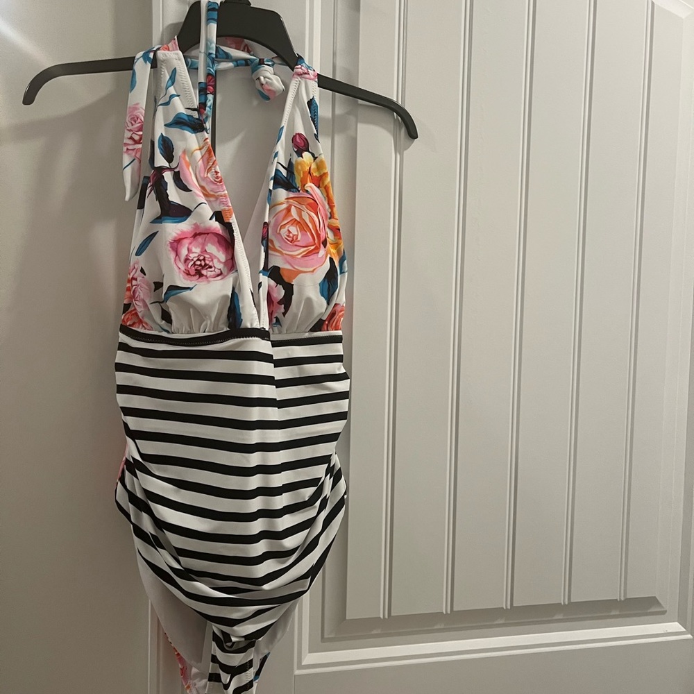Bold Floral and Stripe Plus Size Halter One Piece Swimsuit